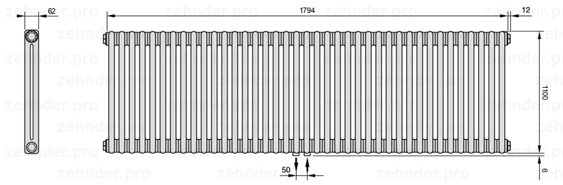 Схема (чертеж) Радиатор Zehnder Charleston 2110/39 №5410 Белый глянцевый RAL 9016